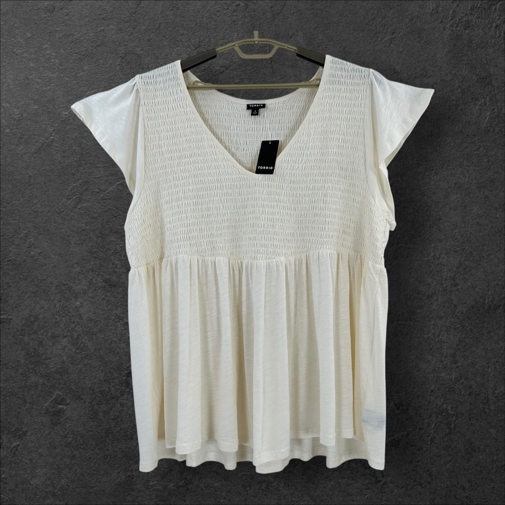Torrid Shirt Womens 4X White Smocked Babydoll‎ V Neck Flutter Sleeve Plus Top
